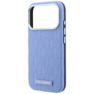 6. Karl Lagerfeld MagSafe Hülle mit Logo aus genarbtem Monoharz für iPhone 17 Pro Max / 18 Pro Max – Hellblau