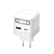 Cuktech AD653W 67W GaN 2x USB-C + USB-A Wandladegerät mit 70 cm einziehbarem USB-C-Kabel – Weiß