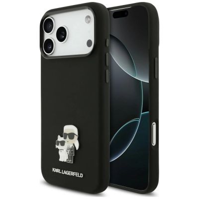 Karl Lagerfeld Silicone Karl&Choupette Metal Pin Hülle für iPhone 18 Pro Max / 17 Pro Max – Schwarz