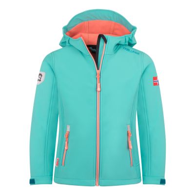 Trollkids Trollfjord Softshelljacke Nebel-Aquamarin/Hafenblau-Mellow-Pfirsich (175-137)