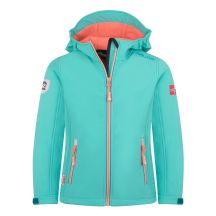 Trollkids Trollfjord Softshelljacke Nebel-Aquamarin/Hafenblau-Mellow-Pfirsich (175-137)