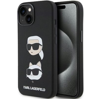 Karl Lagerfeld Silikon Karl&Choupette Head Hülle für iPhone 15 Plus / 14 Plus – Schwarz