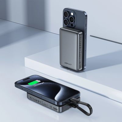 6. Acefast M10 magnetische Powerbank 2x USB-C PD 30W mit 15W induktivem Laden und USB-C-Kabel - Schwarz