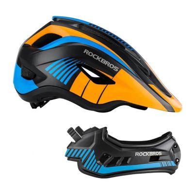 6. Rockbros TT-32SOBL-S Kinderfahrradhelm mit abnehmbarem Kinnbügel, Größe S – Schwarz und Orange