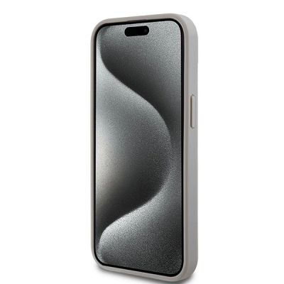 5. DKNY Lederhülle mit Monostreifen und Metalllogo für iPhone 15 Plus / 14 Plus – Beige