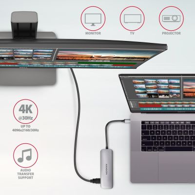 4. Axagon HMC-HCR3A 3x USB-A + HDMI + SD/microSD USB-C 3.2 Gen 1 Hub, 20 cm, kabelgebunden, USB 3.2 Gen 1 (3.1 Gen 1), Typ-C, Grau
