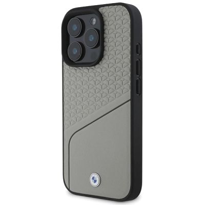 2. BMW Sign Leather Textured and Line MagSafe Hülle für iPhone 16 Pro – Grau