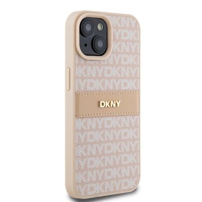 4. DKNY Leder-Monostreifen- und Metall-Logo-Hülle für iPhone 15 Plus / 14 Plus – Pink