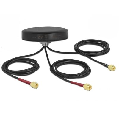 DeLOCK Dualband-Antenne LTE MIMO WLAN 802.11 ac/ax/a/h/b/g/n 3 x SMA-Stecker RG-174 1 m Schraubanschluss, Feldmontage, schwarz