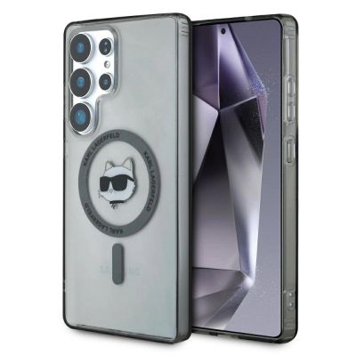 Karl Lagerfeld Button Choupette Head Gedrucktes Logo MagSafe Samsung Galaxy S25 Ultra Hülle schwarz