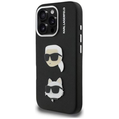 2. Karl Lagerfeld FW Grained Karl & Choupette Heads Pins Hülle für iPhone 16 Pro Max - Schwarz