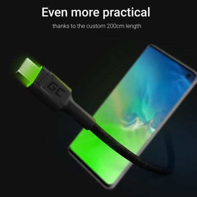 4. GREEN CELL KABGC13 GC RAY USB-KABEL – USB-C 200 cm, grüne LED, Schnellladefunktion (Ultra Charge), QC 3.0