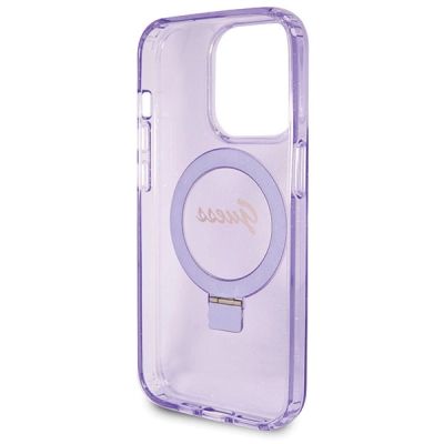 7. Guess Ring Stand Script Glitter MagSafe Hülle für iPhone 14 Pro Max – Lila