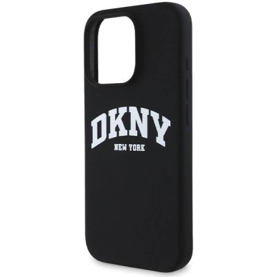 6. DKNY Silikon-MagSafe-Hülle mit weißem bedrucktem Logo für iPhone 16 Pro – Schwarz
