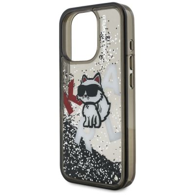 6. Karl Lagerfeld Liquid Glitter Choupette Logo Hülle für iPhone 16 Pro Max - Schwarz