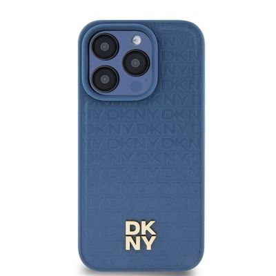 3. DKNY MagSafe-Hülle aus Leder mit Monogrammmuster und Metalllogo für iPhone 15 Pro – Blau