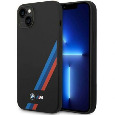 BMW Silikonhülle mit schrägen Streifen für iPhone 14 Plus / 15 Plus – Schwarz