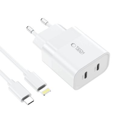 3. Tech-Protect C20W 2x USB-C PD 20W Netzwerkladegerät mit USB-C/USB-C-Kabel – Weiß