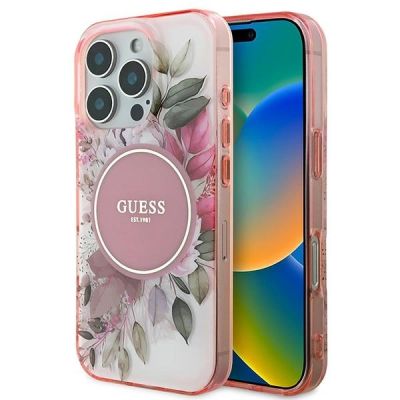 Guess IML Flower & Tonal Circle MagSafe-Hülle für iPhone 16 Pro Max – Rosa