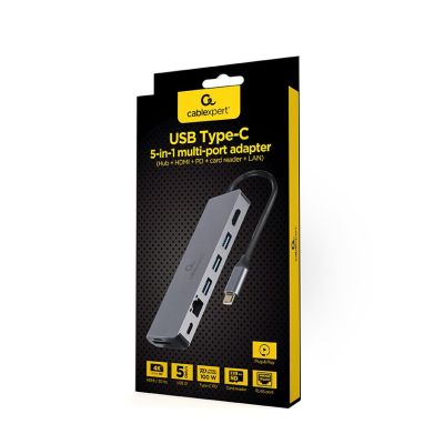 5. GEMBIRD MULTI-ADAPTER USB TYP-C 5IN1 HUB, HDMI, KARTENLESER, LAN, PD - 100W)