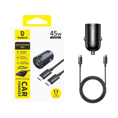 6. Baseus PrimeTrip VP2 45W USB-C Kfz-Ladegerät mit 60W USB-C auf USB-C 1m Kabel – Schwarz