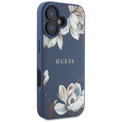 4. Guess Grained Printed Flower Pattern MagSafe iPhone 16 Hülle Blau