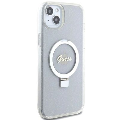 4. Guess GUHMP15MHRSGSD iPhone 15 Plus / 14 Plus 6,7" transparent/transparentes Hardcase Ring Stand Script Glitter MagSafe
