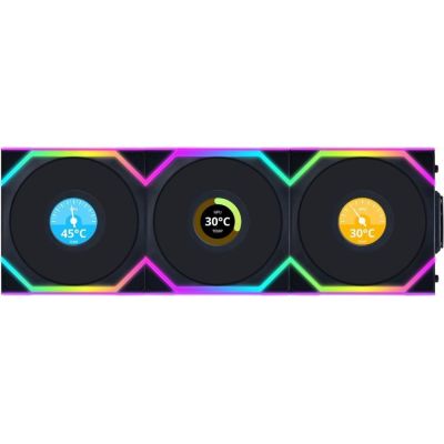 6. Lian Li UNI FAN SL Kabelloser LCD 120 Computergehäuselüfter 12 cm Schwarz 3 Stück.