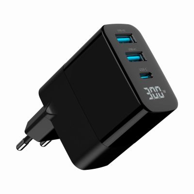 4. GEMBIRD 3-Port-GaN-USB-Schnellladegerät (PD) (2x USB-A + 1x USB Typ-C), 30 W, LCD, Schwarz