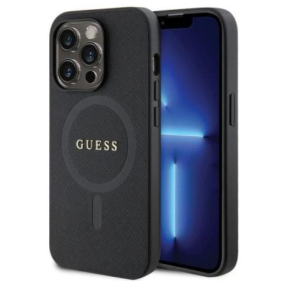Guess GUHMP14LPSAHMCK Hülle für iPhone 14 Pro – schwarzes Saffiano MagSafe
