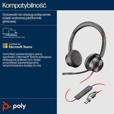 138. POLY Blackwire 8225 Stereo 8X225AA USB-C Headset mit Microsoft Teams Zertifizierung + USB-C/A Adapter