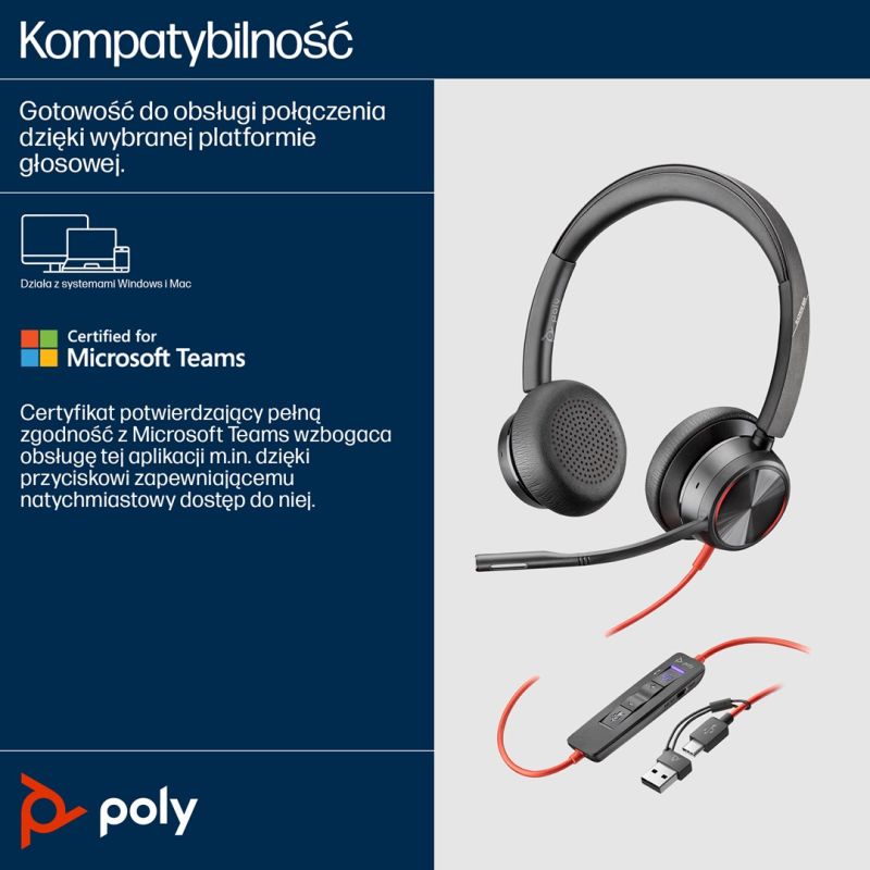 138. POLY Blackwire 8225 Stereo 8X225AA USB-C Headset mit Microsoft Teams Zertifizierung + USB-C/A Adapter
