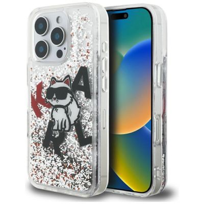 Karl Lagerfeld Liquid Glitter Choupette Logo Hülle für iPhone 16 Pro Max – Transparent