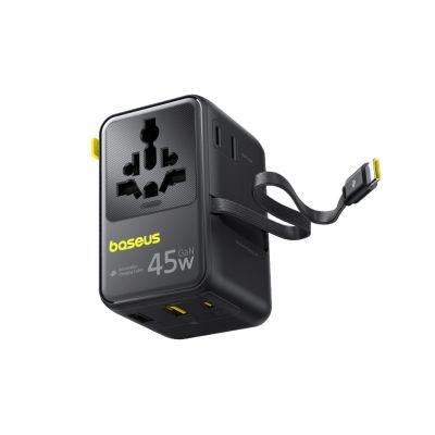 2. Baseus PicoGo AG11 45W 6-in-1 Reiseadapter mit einziehbarem USB-C-Kabel – Schwarz