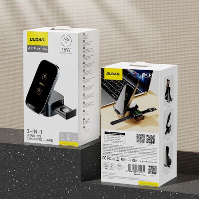 9. Dudao A11Pro+ induktives Ladegerät 15W 3in1 für Telefon / Smartwatch / Kopfhörer - Schwarz