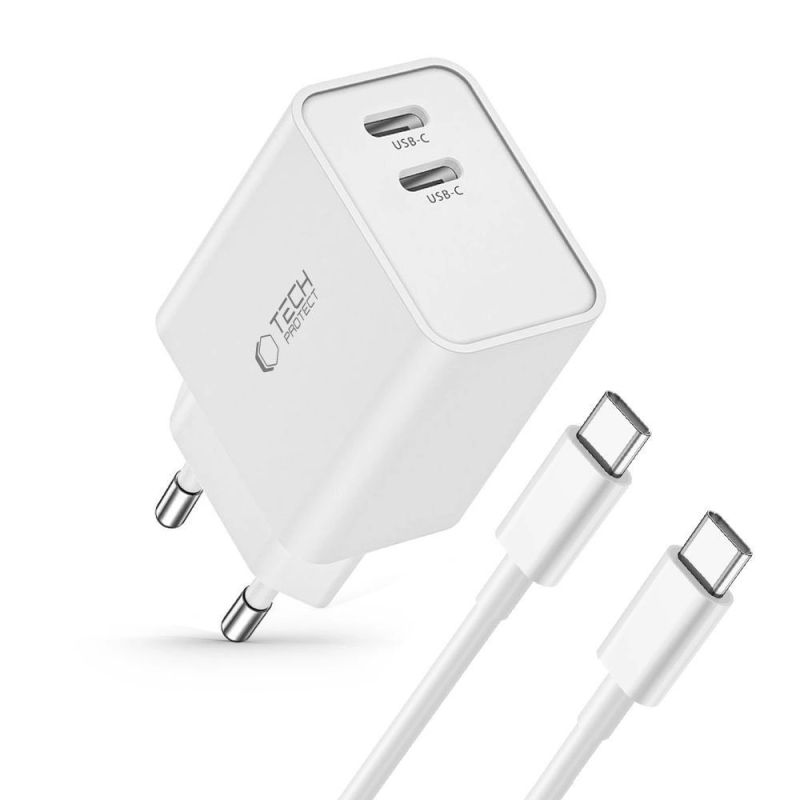 2. Tech-Protect C35W 2x USB-C PD 35W Netzwerkladegerät mit USB-C/USB-C-Kabel – Weiß