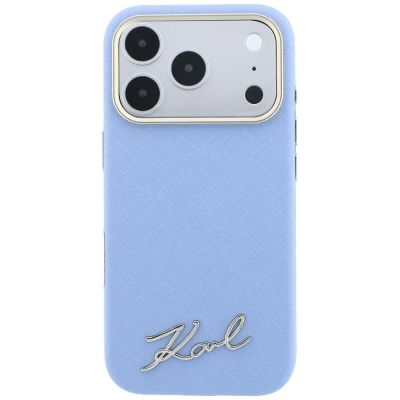 3. Karl Lagerfeld Saffiano MagSafe Hülle mit kleinem Schriftzug und Metalllogo für iPhone 17 Pro / 18 Pro – Hellblau