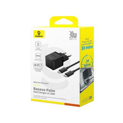 7. Baseus Palm 30W Wandladegerät mit 60W USB-C Kabel (1 m) – Schwarz