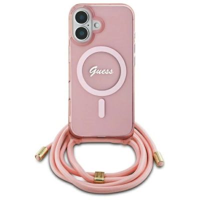 Guess Crossbody Cord Script MagSafe-Hülle für iPhone 16 – Rosa