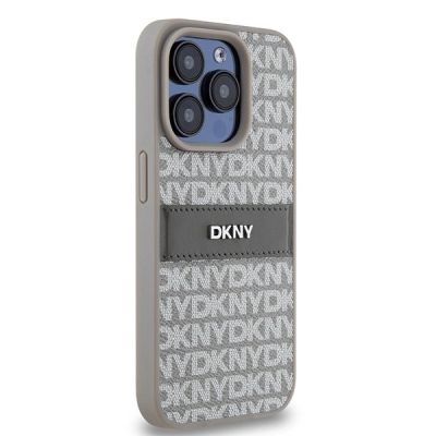 4. DKNY Lederhülle mit Monostreifen und Metalllogo für iPhone 15 Pro Max – Beige