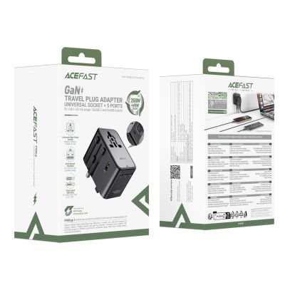 8. Acefast Z8 GaN 45W Reiseadapter 3x USB-C + 2x USB-A Reise-Wandladegerät mit 2500W-Netzsteckdose – Schwarz