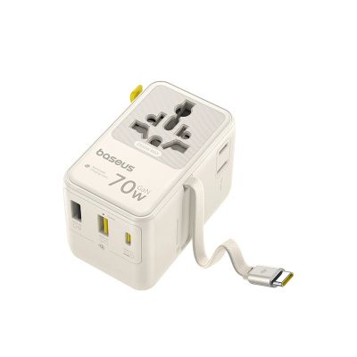 2. Baseus EnerCore CG11 70W 6-in-1 Reiseadapter mit einziehbarem USB-C-Kabel – Weiß