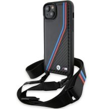 BMW M Edition Carbon Tricolor Lines & Strap Hülle für iPhone 15 Plus / 14 Plus – Schwarz