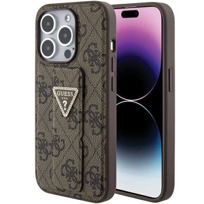 Guess Grip Stand 4G Triangle Strass Hülle für iPhone 15 Pro – braun