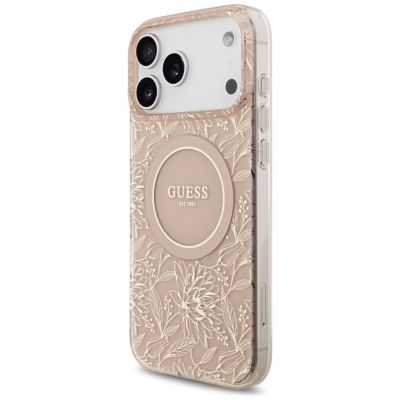 3. Guess IML Flowers Electro Pearl Strap MagSafe Case für iPhone 17 Pro Max - Rosa