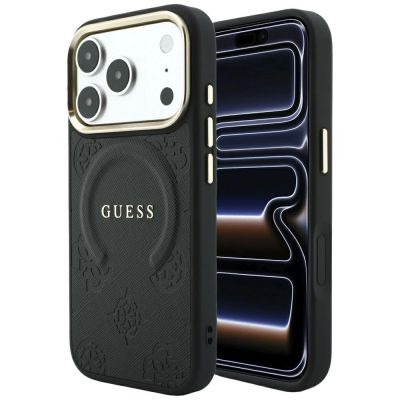 Guess Saffiano Peony & Ring MagSafe Hülle für iPhone 17 Pro Max / 18 Pro Max - Schwarz