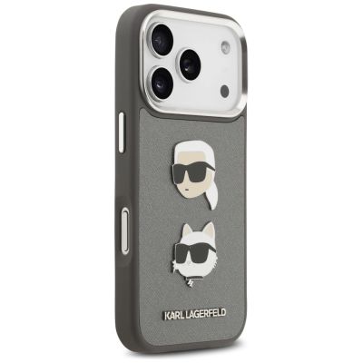 4. Karl Lagerfeld FW Grained Karl & Choupette Heads Pins & Logo iPhone 17 Pro Hülle - Grau