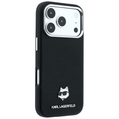 4. Karl Lagerfeld MagSafe-Schutzhülle aus Metall mit Choupette-Kopf-Motiv für iPhone 17 Pro Max / 18 Pro Max – Schwarz