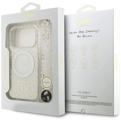8. Guess IML Blumenmuster, galvanisiert, mit Perlmuttriemen und MagSafe-Hülle für iPhone 18 Pro / 17 Pro – Weiß