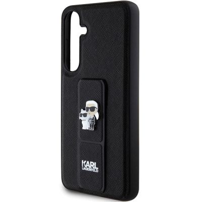 6. Karl Lagerfeld Gripstand Saffiano Karl&Choupette Pins Hülle für Samsung Galaxy S24+ – schwarz